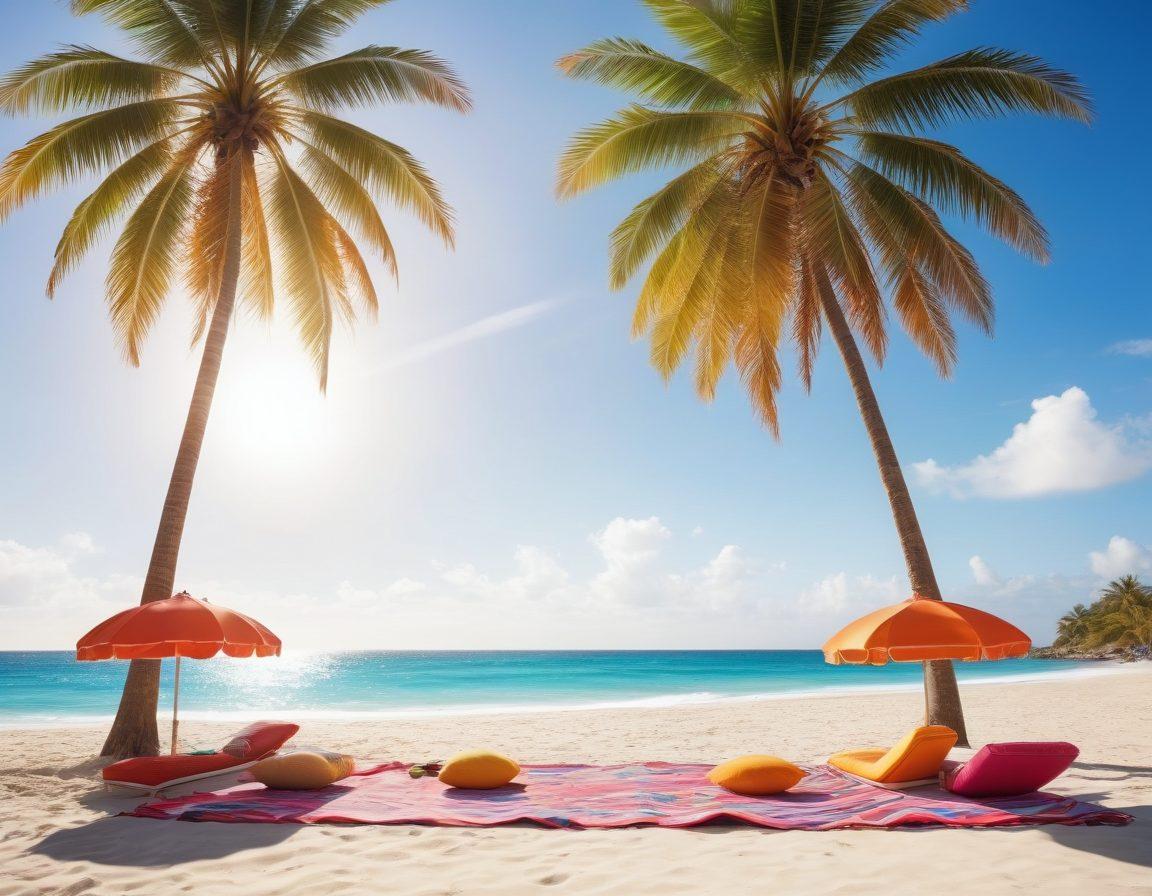 A vibrant beach scene showcasing sun-soaked sunbathers lounging on colorful beach towels, wearing stylish and trendy tanning wear. Palm trees sway in the background, with a radiant sun casting warm golden rays over sparkling ocean waves. Include elements like beach umbrellas, sunglasses, and a beachball to enhance the lively atmosphere. Emphasize vibrant colors and a bright blue sky for a perfect summer vibe. super-realistic. vibrant colors. white background.